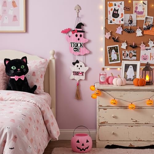 Pink Halloween Wreath for Door & Wall - Cute Ghost & Witch Hat Decor - Medium