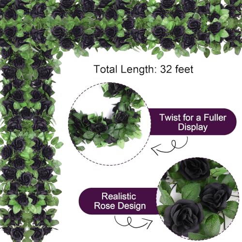 Black Halloween Artificial Flower Garland - 4 Pack, 32 Feet Long Vines with Roses