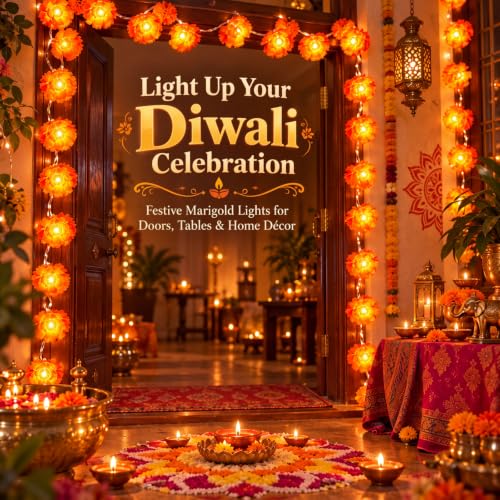 Orange Marigold Garland Lights - 9.8ft 20 LED Artificial Flowers, 4 Pack