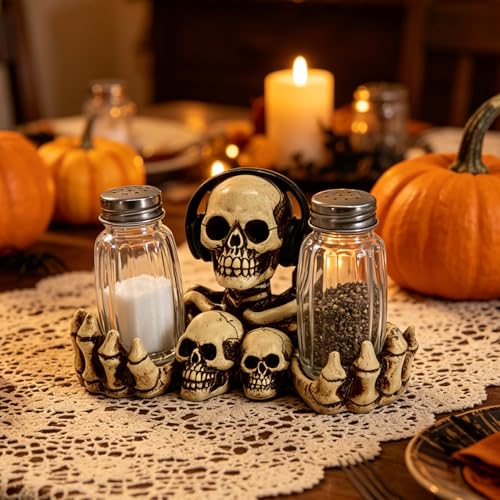 Halloween Skeleton Salt and Pepper Shaker Set - Gothic Kitchen Decor, Skeleton Holder