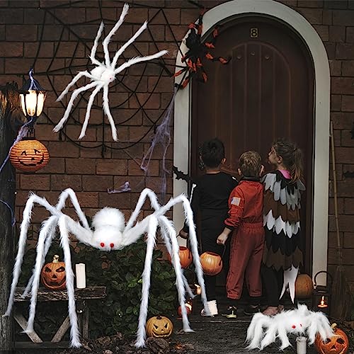 Large White Halloween Hairy Spider Prop - Scary Indoor Outdoor Decor Set of 3