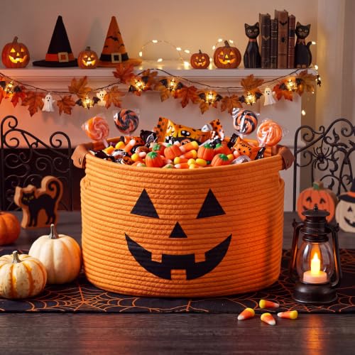 Halloween Pumpkin Cotton Rope Basket with Handles - Fall Decor & Gift Storage - Pumpkin