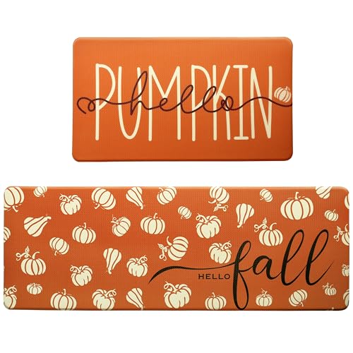 Autumn Pumpkin Kitchen Rug Set - Waterproof Non-Slip Anti-Fatigue Mats, 17.3x29 + 17.3x47 Inches - Orange, Rectangular, 0.4H
