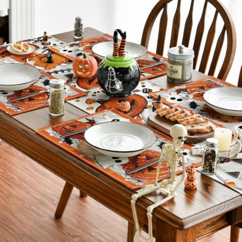 Jack O Lantern Halloween Placemats Set of 4 - 12 x 18 Inch Orange Rectangular