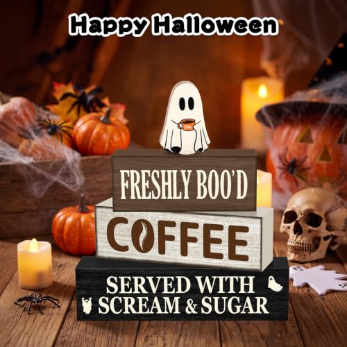 Halloween Ghost Coffee Farmhouse Decor Set - Oat Variation, Wooden Tabletop Decorations
