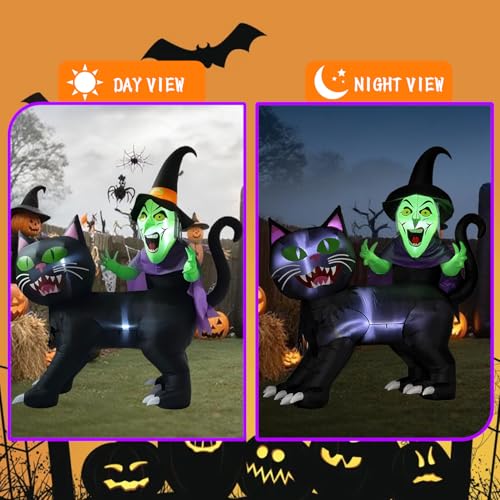8ft Halloween Inflatable Witch Riding Black Cat Yard Decor with LED Lights
