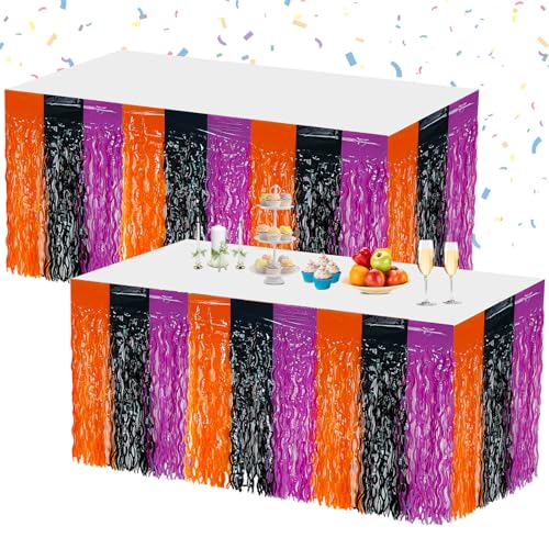 Foil Fringe Tinsel Table Skirts 2 Pack Halloween Party Decorations - Black, Purple, Orange