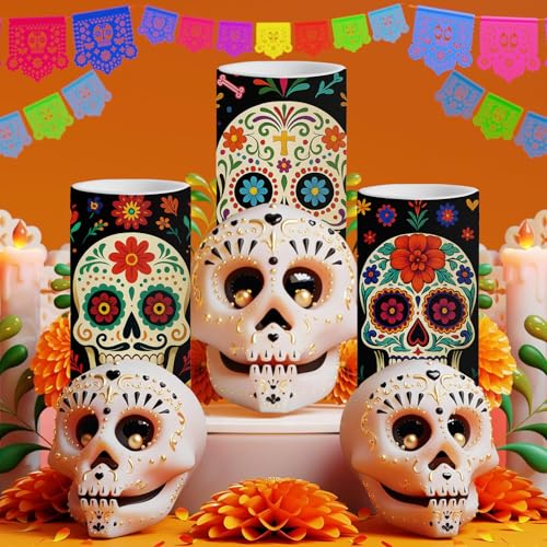 Dia De Los Muertos Flameless Candles Set with Remote Timer - 3 Pack - Variation of THIS listing