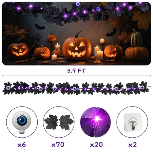 6FT Black Maple Leaves Halloween Garland with 20 LED Purple Lights