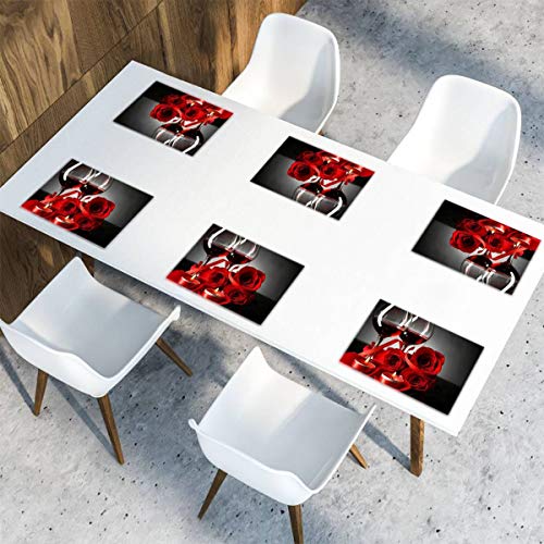 Set of 6 Red Wine Rose Placemats - Washable Table Mats for Dining & Home Decor