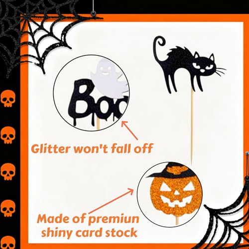 Halloween Cupcake Toppers Set - 24 Glitter Spider Ghost Pumpkin Cake Picks