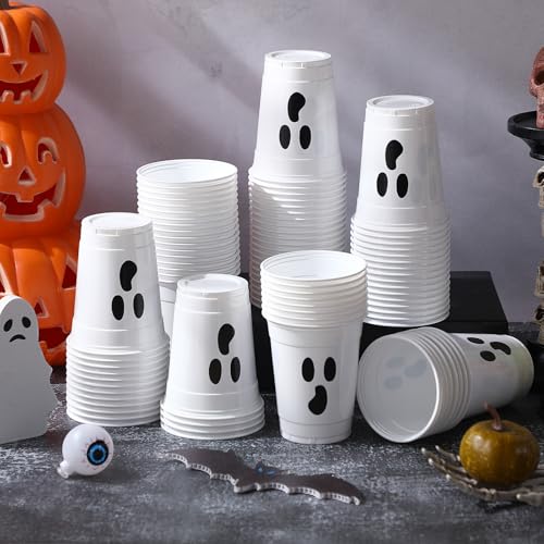 Scary Halloween Ghost Face Plastic Cups - 50 Pack, 12 oz, Spooky Party Supplies