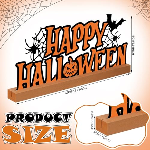 Halloween Metal Table Sign with Wooden Base - 13.78 Inch Halloween Decor - Happy Halloween Sign - Black Letters & Elegant Design - Holiday Centerpiece