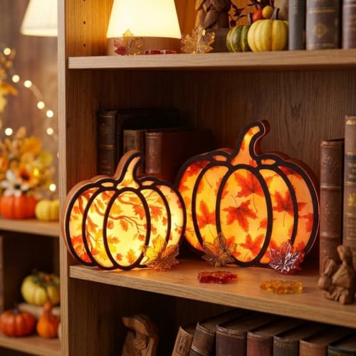 Lighted Wooden Pumpkin Lanterns Set - Fall Harvest Decor for Home & Thanksgiving