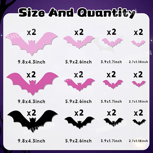 Halloween 3D Bat Wall Decals Set - Removable Pink & Black Bat Stickers for Indoor & Outdoor Decor - Variation: Bat