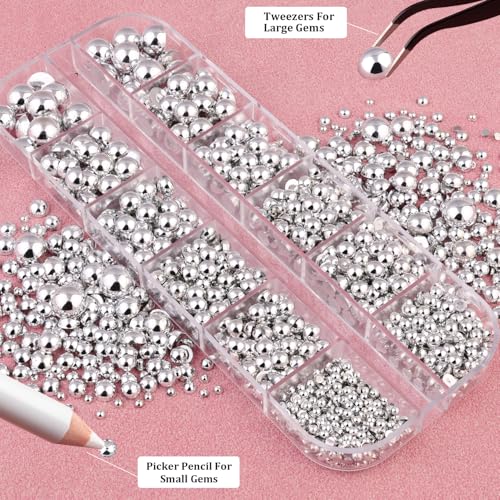 A21 Silver Flatback Nail Pearls Set - 6 Sizes for Nail Art & Crafts