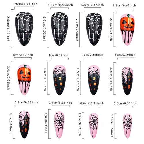 Halloween Fake Nails Set with Spider Web Skeleton Pumpkin Design - Medium Length Press-On Nails (Variation 7)