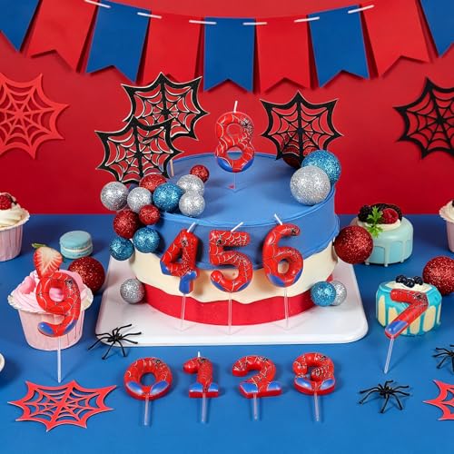 Spider Birthday Candle Cake Topper - Number 7, Red & Blue Web Design, Party Decorations