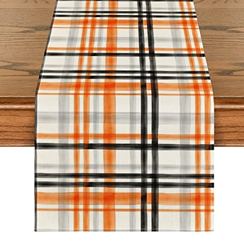 Artoid Mode Plaid Fall Table Runner 13x120 Inch - Orange & Black Variation