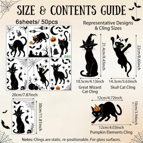 Halloween Window Clings Black Cat Decals Set - 6 Sheets, 50 Pcs Spooky Decor