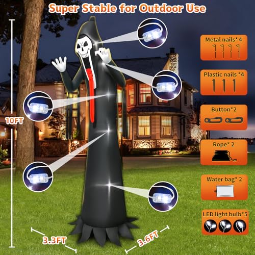 10 Ft Grim Reaper Inflatable Halloween Decoration with LED Lights Outdoor Lawn Decor - Scary Holiday Blow Up