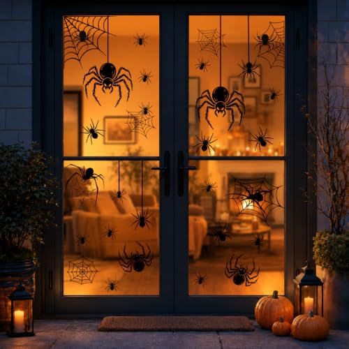 Large Halloween Spider Window Stickers Set - Scary Web Decor for Glass