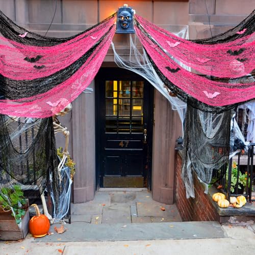 Pink Black Creepy Gauze Decor Spider Web Set with Bats for Halloween - 12 Pieces (Variation of THIS listing)