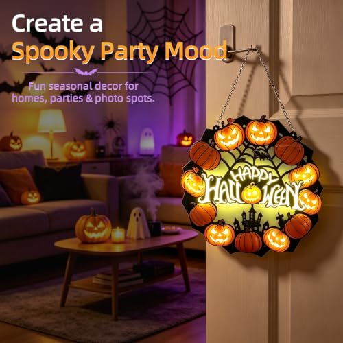 Lighted Halloween Wreath Sign - Pumpkin Acrylic Door Decoration, Black & Orange