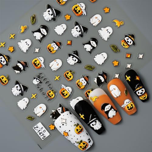 Halloween Nail Stickers Set - Embossed 5D Ghost & Pumpkin Designs, Style 13
