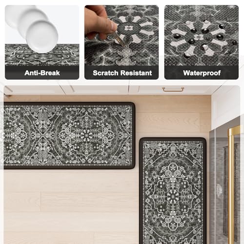 Anti-Fatigue Kitchen Mats Set - Cushioned Boho Rugs 2-Piece Black & Multi