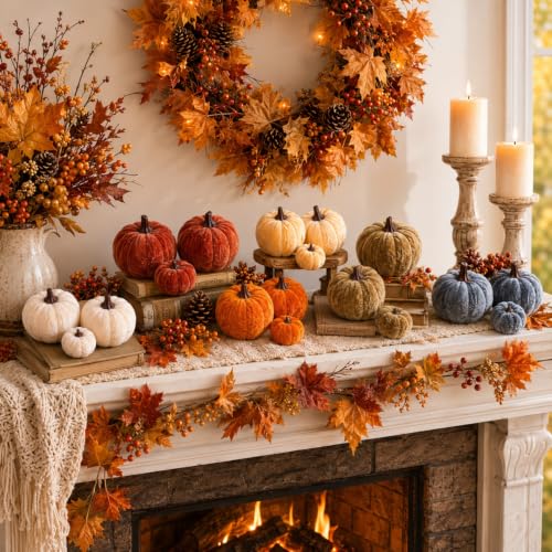 Velvet Mini Pumpkins Fall Decor Set - 18 Pcs Rustic Harvest Accessories
