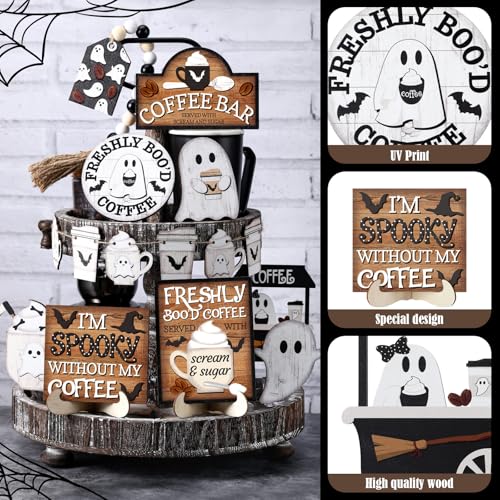 Halloween Ghost Tiered Tray Decor Set - 19 Pcs Coffee Themed Halloween Decorations