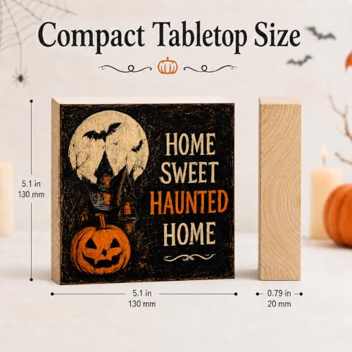 Home Sweet Haunted Home Halloween Wooden Sign - Rustic 5x5 Inch Decor for Tiered Tray, Mantel & Gift