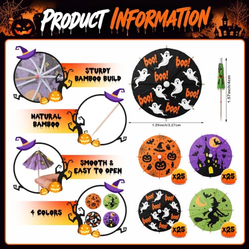 Halloween Cocktail Umbrellas Set - 100 Pcs Bat & Witch Design, 4 Inch Party Picks