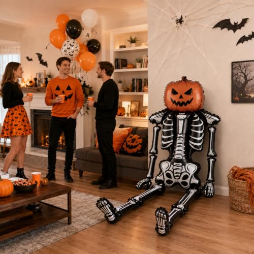 Giant Halloween Skeleton Balloon with Pumpkin Head - 7.5Ft Foil Decoration