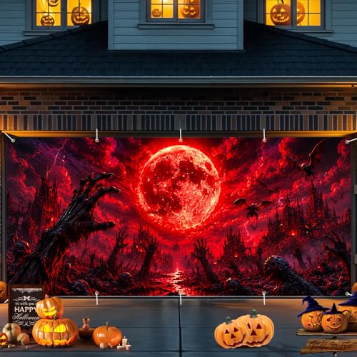 7x16 FT Halloween Garage Door Banner Cover - Scary Blood Moon Zombie Hands - Variation 248