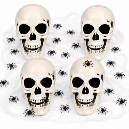 Halloween Skeleton Decor Set with 4 Plastic Skulls, Cobweb & 20 Spiders