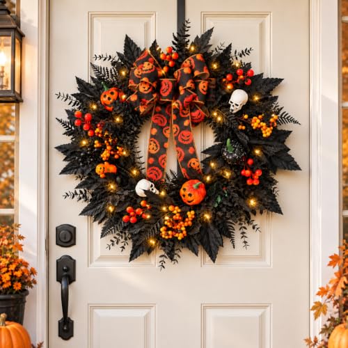 Halloween Wreath for Front Door with Pumpkin Bow - Black Skeleton Spider Web Decor