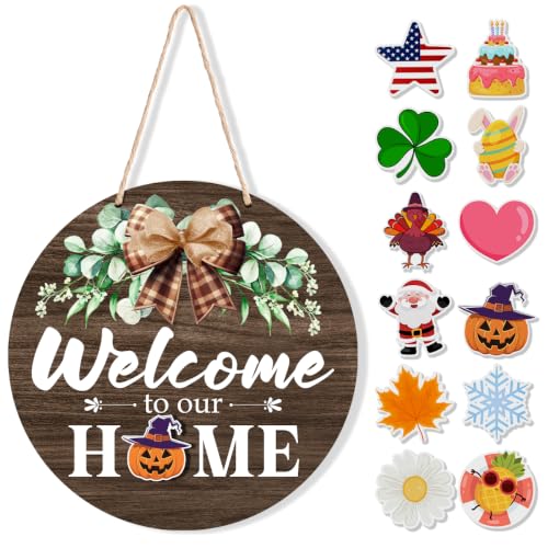 Interchangeable Welcome Sign for Front Door with Seasonal Accessories - Taupe Brown
