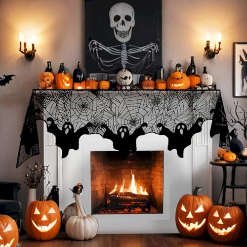 Halloween Mantle Scarf Ghost Spider Web Lace Fireplace Cover - Black Embroidered, 79 x 20 Inches - Ghost Variation
