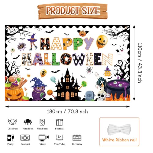 Halloween Classroom Banner Backdrop 70.8x43.3 Inches Ghost Spider Bat Pumpkin Decor - 5.9x3.6ft Variation