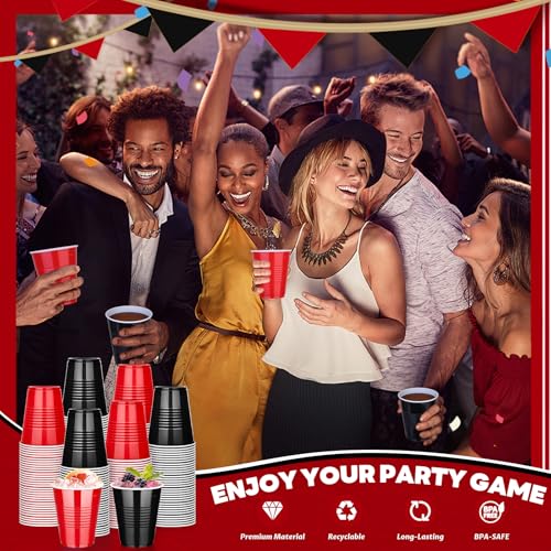 Disposable Plastic Party Cups 12 oz Set - Black and Red, 100 Pack Variation of Black/Red/100