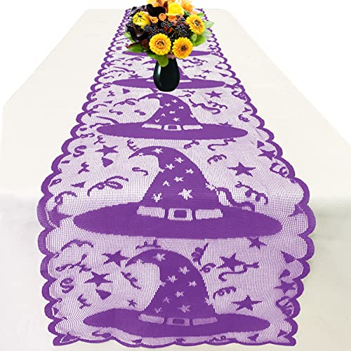 Halloween Table Runner Lace Witch Hat Decor for Party & Dinner - Purple