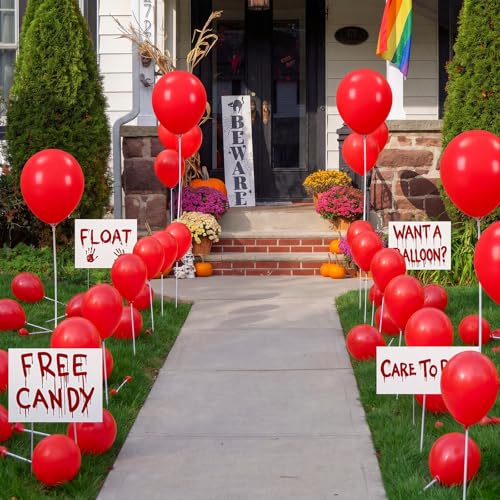 Halloween Yard Decorations Kit with Red Balloons & Creepy Signs - Outdoor Spooky Decor