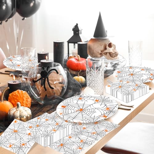 Halloween Spider Web Paper Plates and Napkins Set - Disposable Party Dinnerware for Spooky Parties