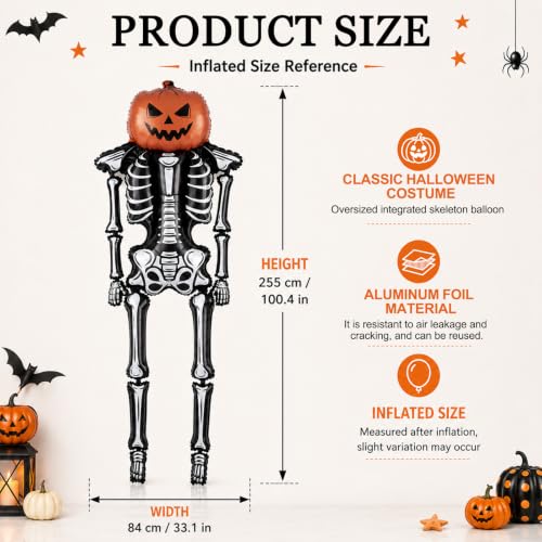 Giant Halloween Skeleton Balloon with Pumpkin Head - 7.5Ft Foil Decoration