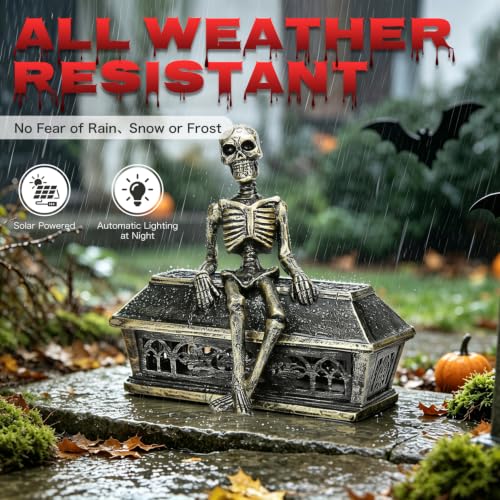 Solar Halloween Garden Skeleton Statue with Light Projection - 7.1 Inches