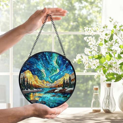Aurora Borealis Sun Catcher - Stained Glass Window Hanging, 7.9in with Chain - Aurora Variation