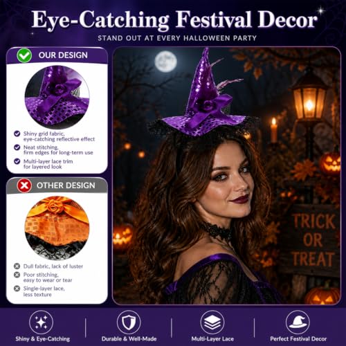 Halloween Sequin Witch Hat Headband Set with Lights - Festive Hair Accessories 3 Pcs