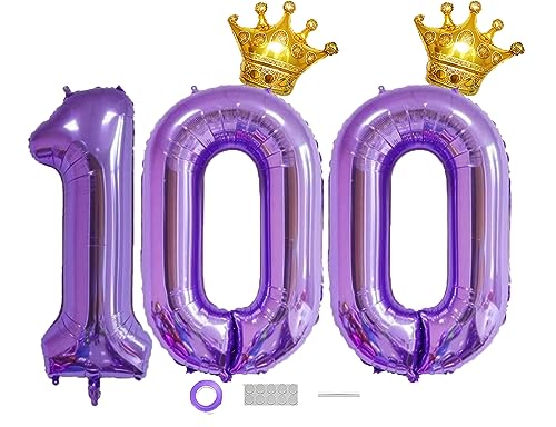 Jumbo 40 Inch Purple 100 Number Foil Balloons with Crown for Birthday & Anniversary Decor